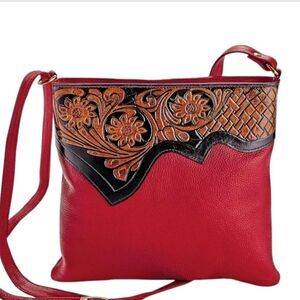 Red brown leather handbag sling crossbody purse bag floral tooled